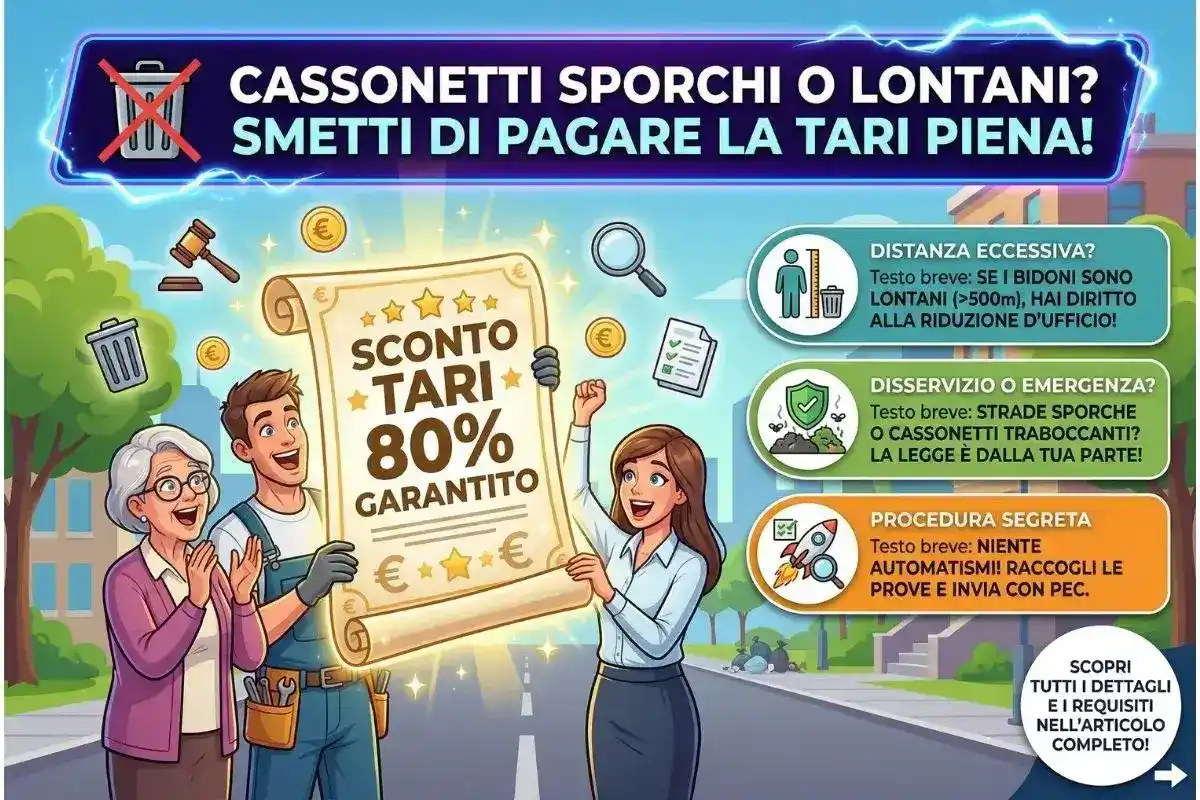 Sconto TARI 80% Cassonetti lontani o sporchi La procedura per pagare solo il 20% della tassa rifiuti.