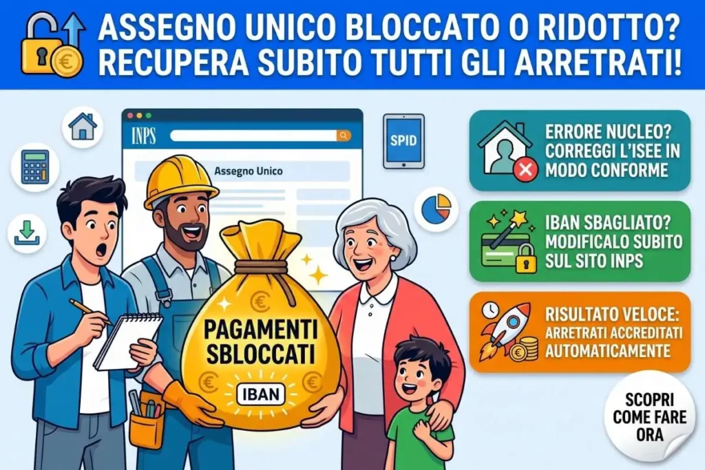 Assegno unico errori composizione nucleo familiare sito INPS come correggere i dati bancari per l'accredito