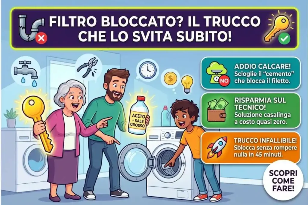 Filtro lavatrice bloccato dal calcare pulizia il trucco col sale grosso e aceto per svitarlo subito