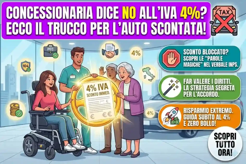 Legge 104 acquisto auto iva 4% e bollo come fare se la concessionaria rifiuta di applicare lo sconto immediato