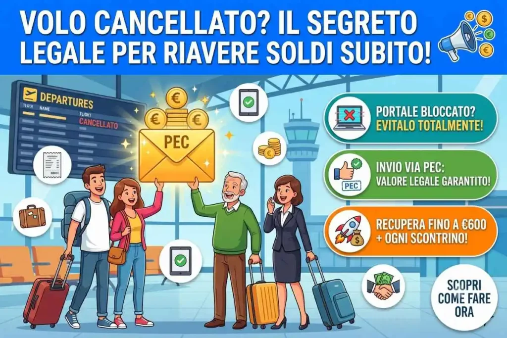 Volo cancellato documentazione spesa portale compagnia come inviare la richiesta via pec